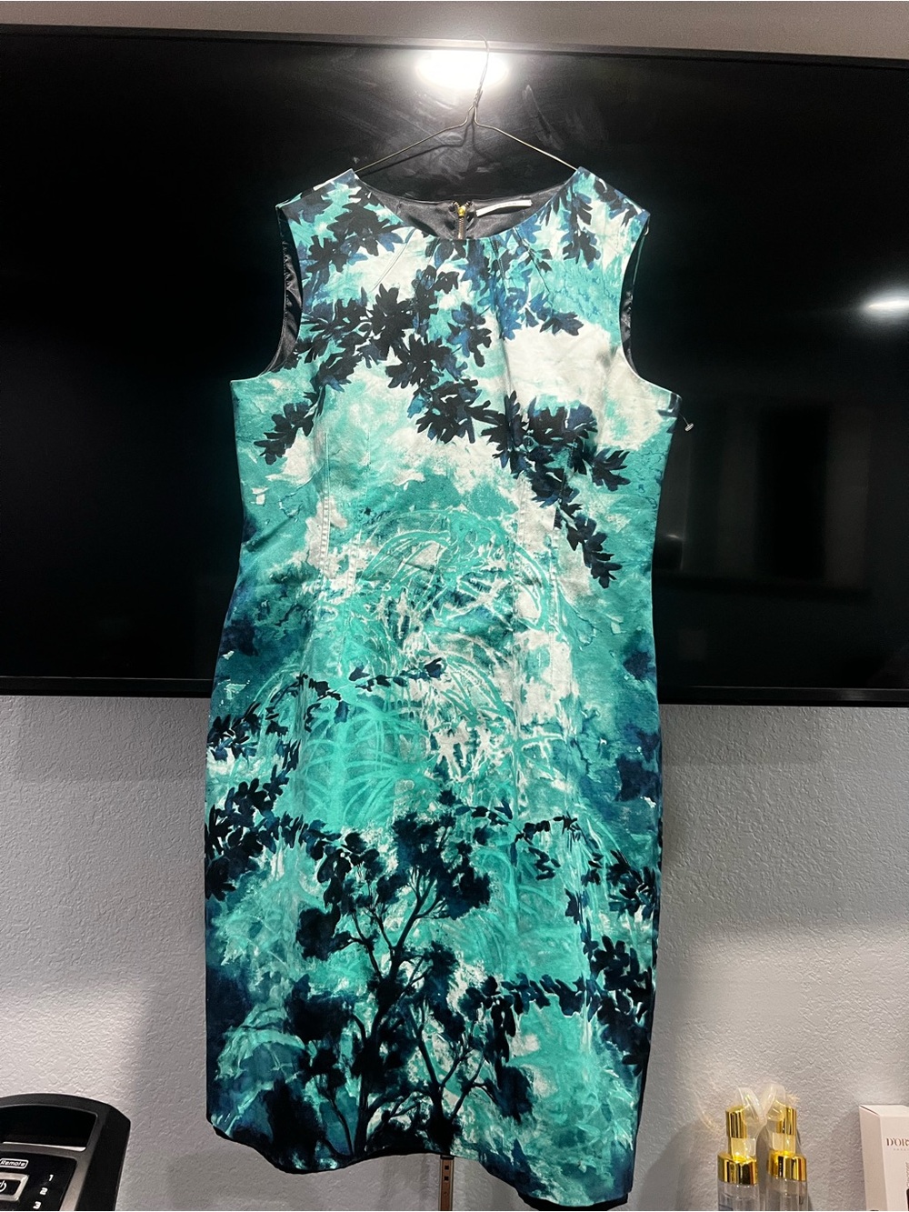 Tahari Teal and Navy Botanical Sheath Dress